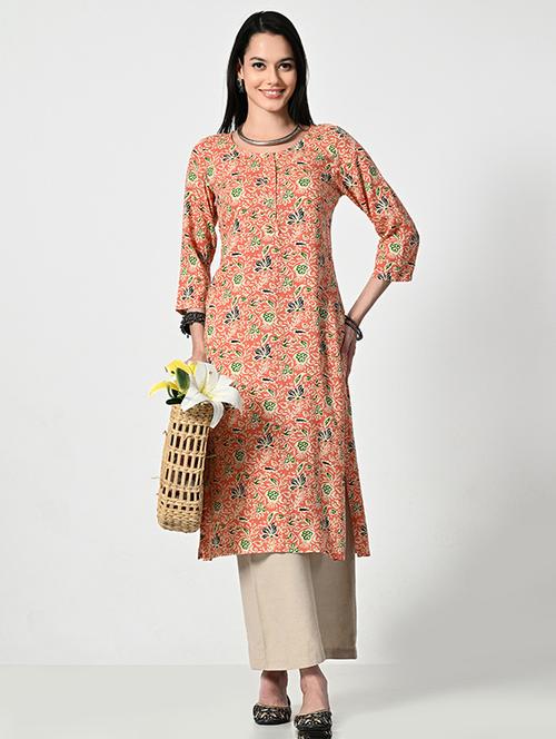 women printed three quarter sleeve a-line kurta - 21681374 - Standard Image - 0
