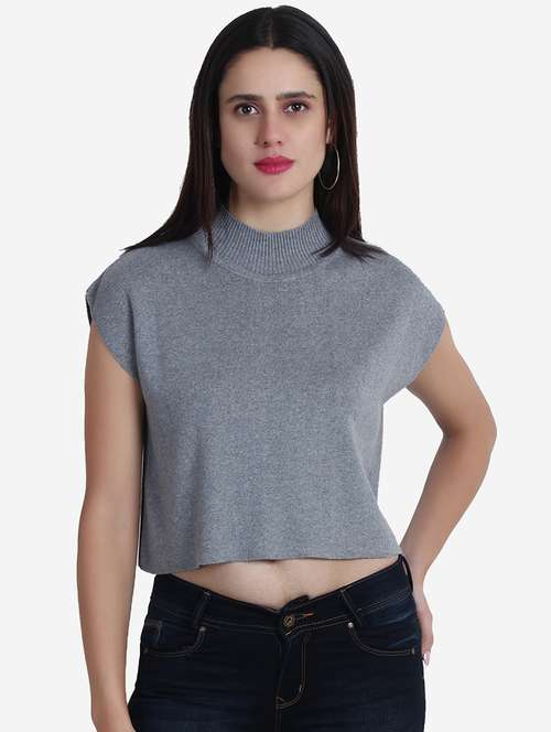 women grey solid crop top - 21681879 - Standard Image - 0