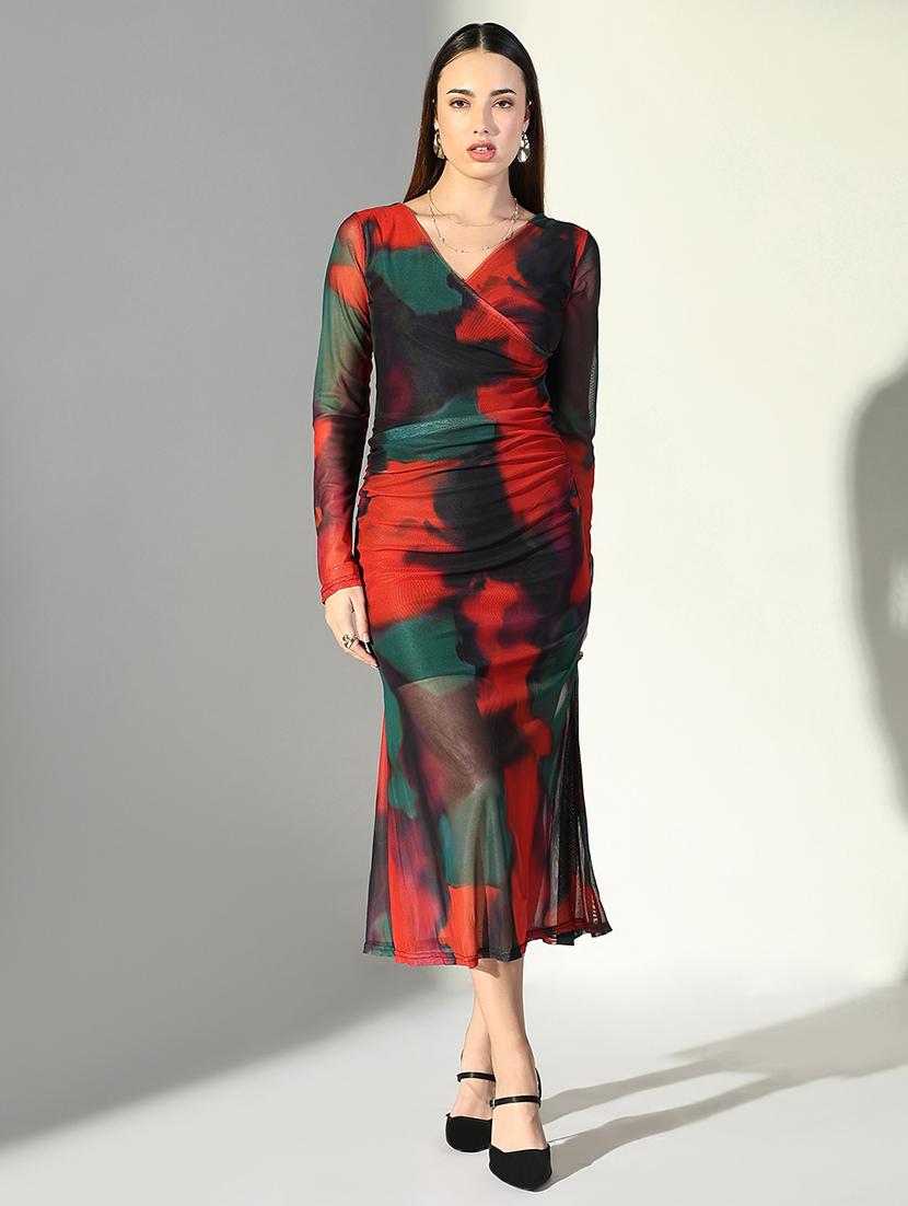 women abstract printed v neck bodycon dress - 21682062 -  Zoom Image - 0