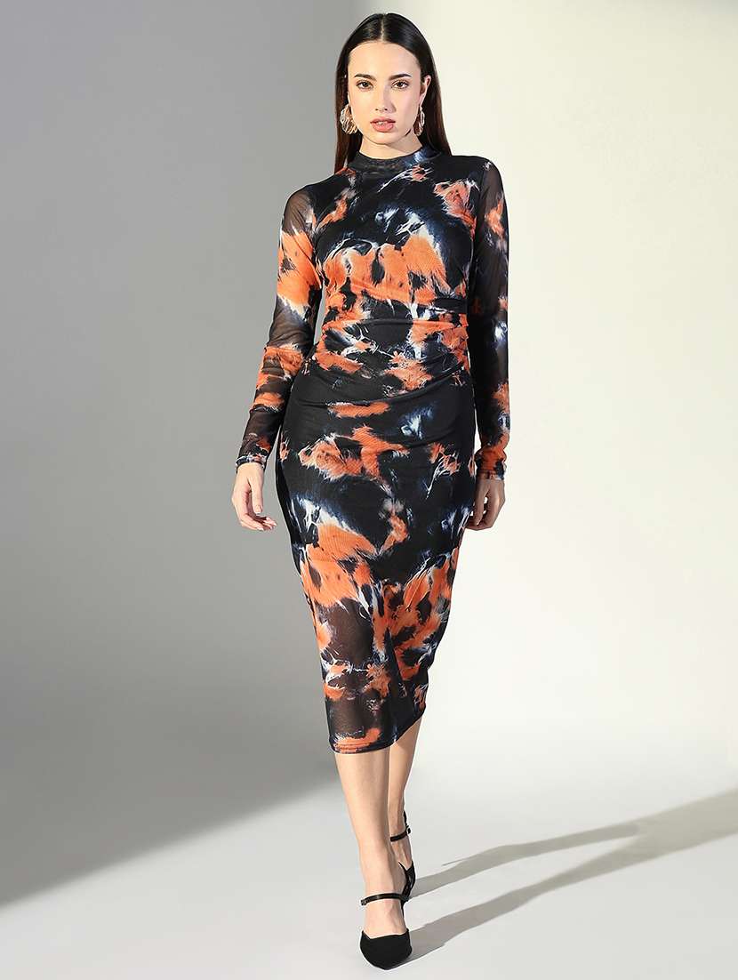 women abstract printed long sleeve bodycon dress