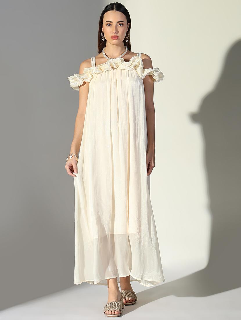 women solid shoulder strap neck a-line dress - 21682077 -  Zoom Image - 0