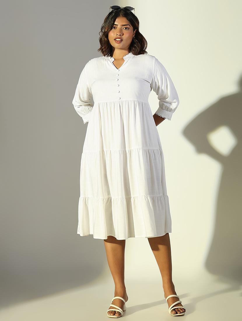 women solid mandarin neck tiered dress - 21682095 -  Zoom Image - 0