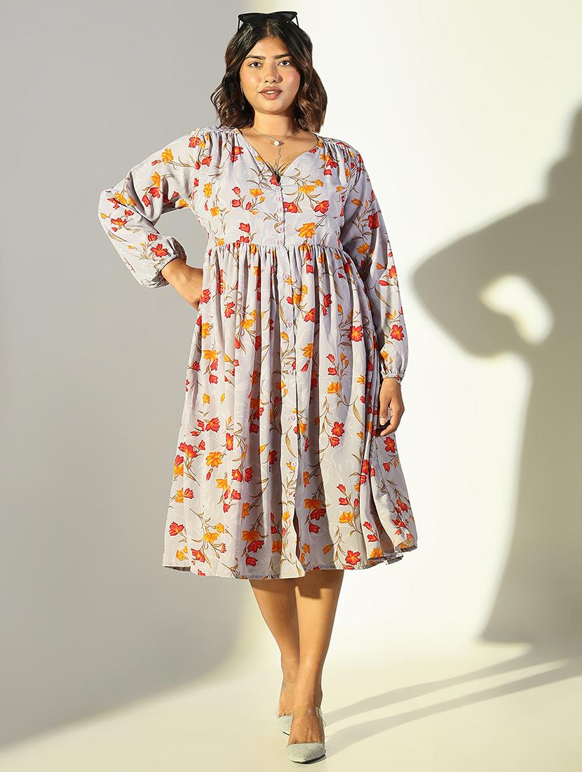 women grey floral fit & flare puff sleeve dress - 21682103 - Zoom Image - 0