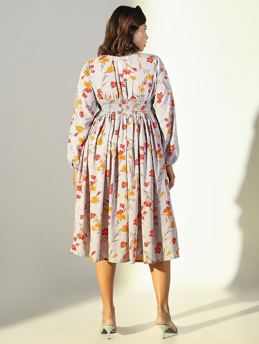 women grey floral fit & flare puff sleeve dress - 21682103 - Standard Image - 3