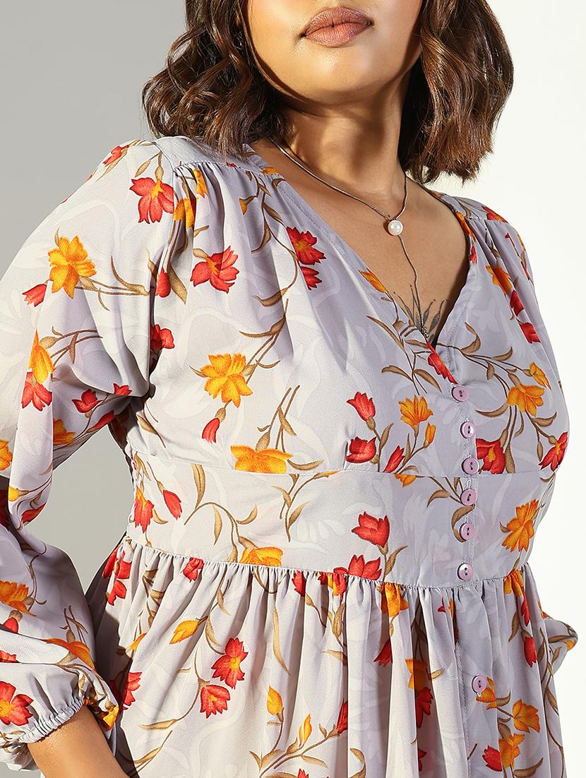 women grey floral fit & flare puff sleeve dress - 21682103 - Standard Image - 5