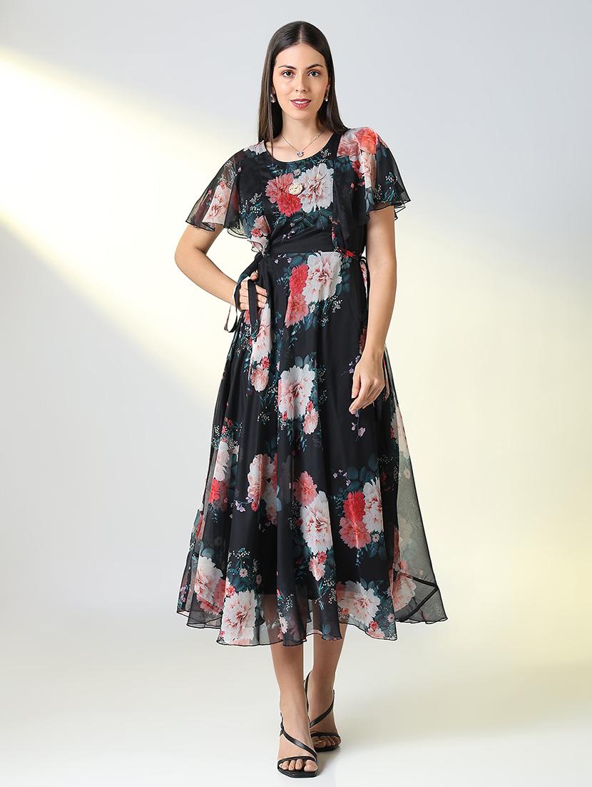 women black floral printed a-line dress - 21682119 -  Zoom Image - 0