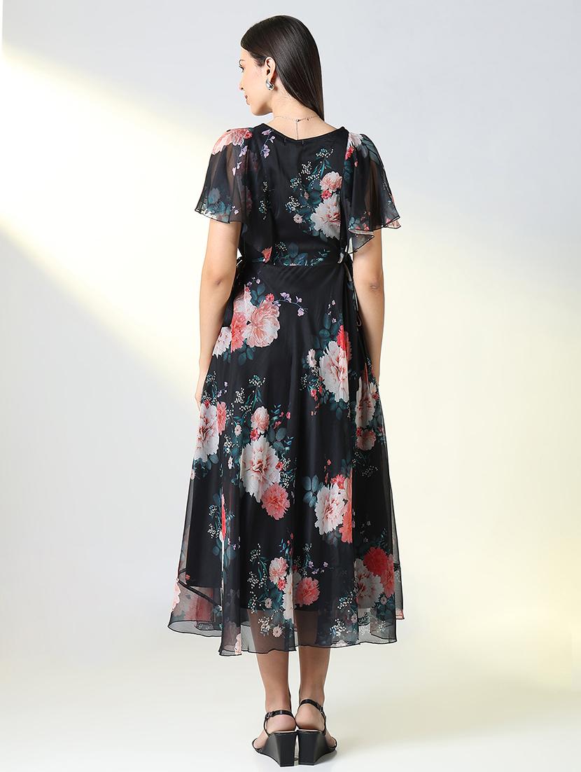women black floral printed a-line dress - 21682119 - Standard Image - 3