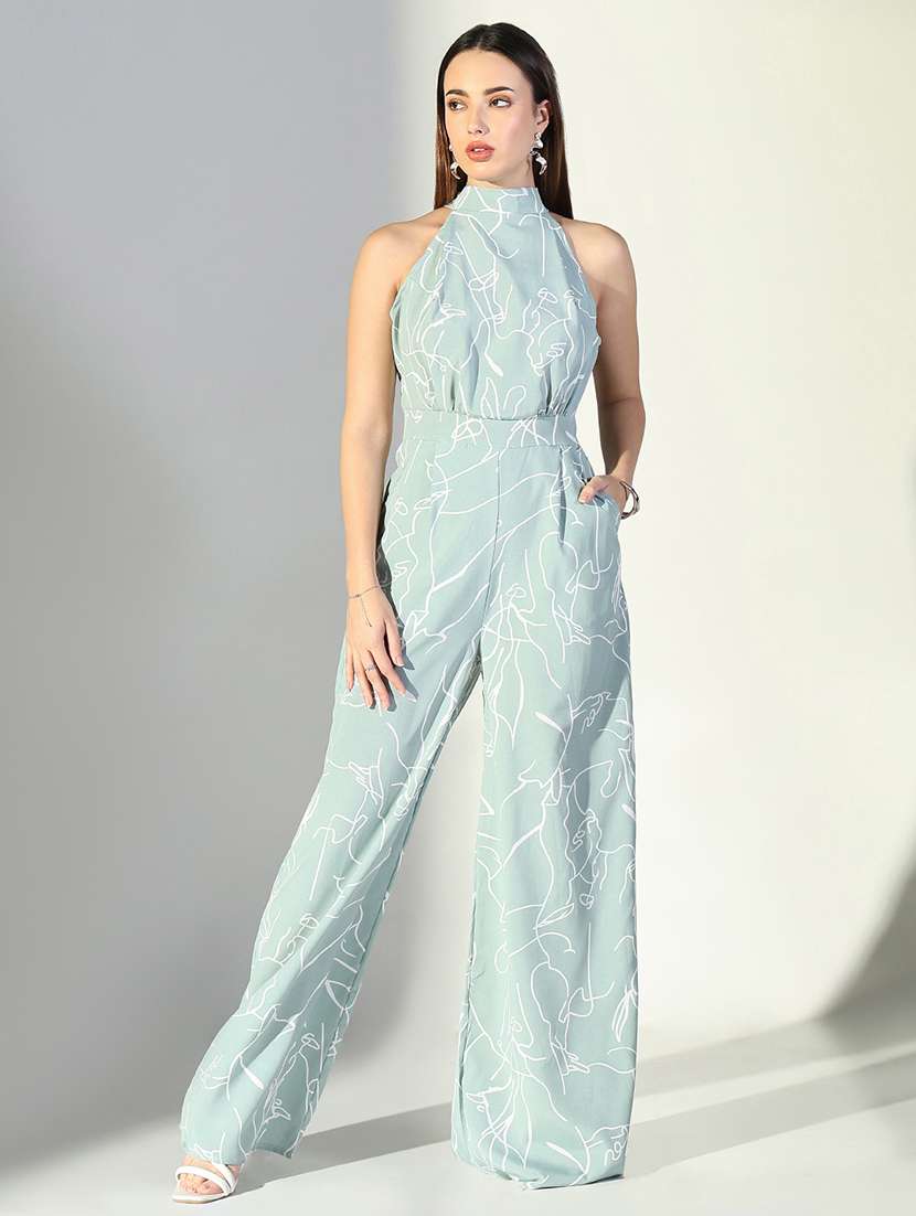women sea green printed sleeveless full leg jumpsuit