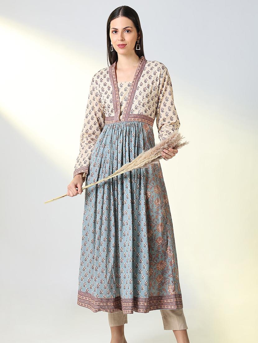 women light blue printed long sleeve flared kurta - 21682134 -  Zoom Image - 0