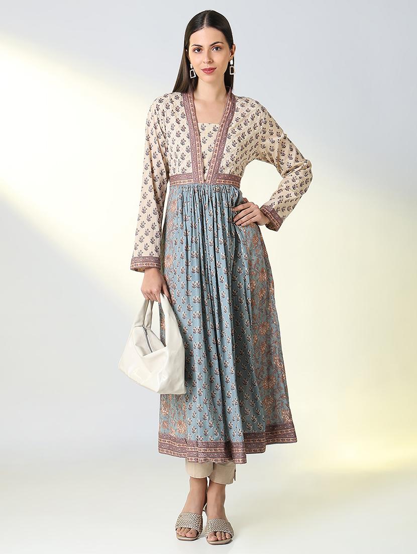women light blue printed long sleeve flared kurta - 21682134 - Standard Image - 5