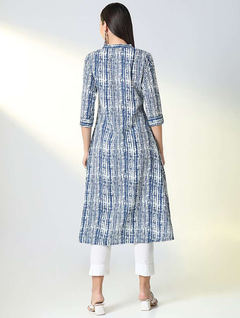 women blue printed mandarin neck a-line kurta - 21682135 -  Standard Image - 3