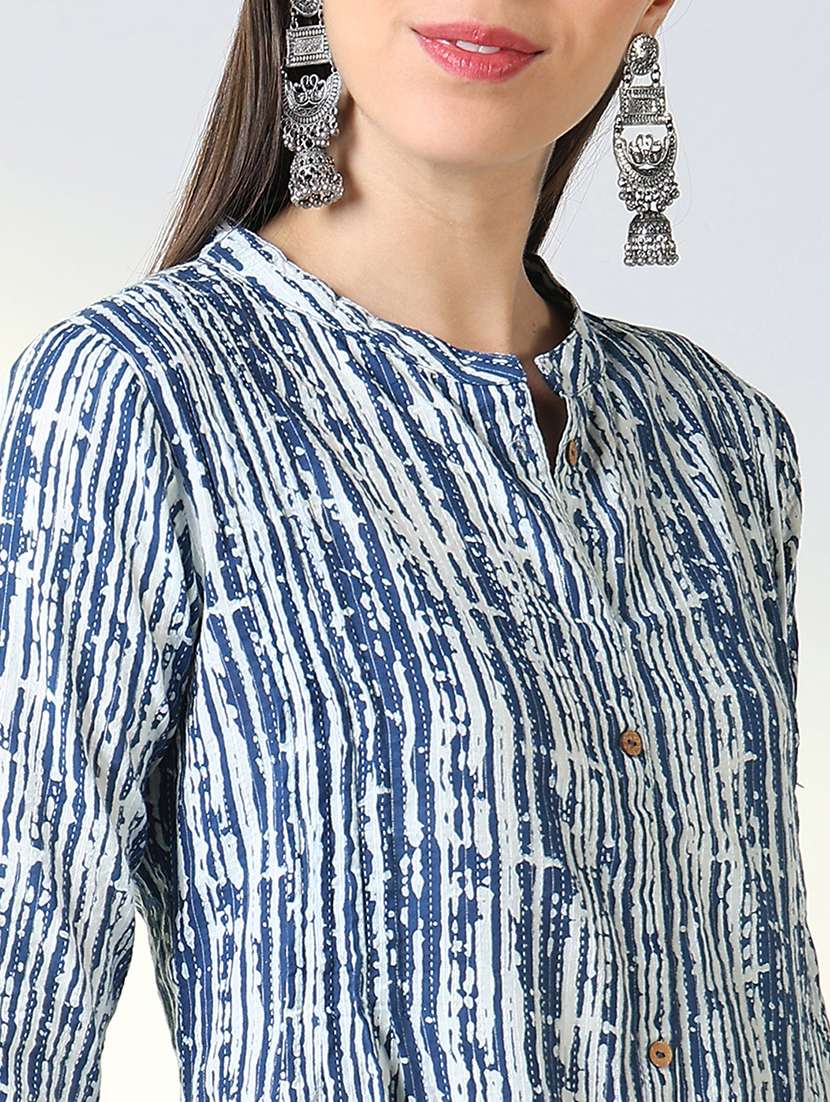 women blue printed mandarin neck a-line kurta - 21682135 -  Standard Image - 5