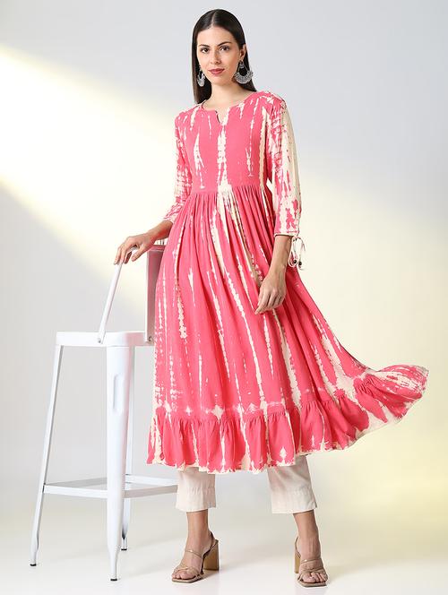 women pink tie & dye printed flared kurta - 21682136 - Standard Image - 0