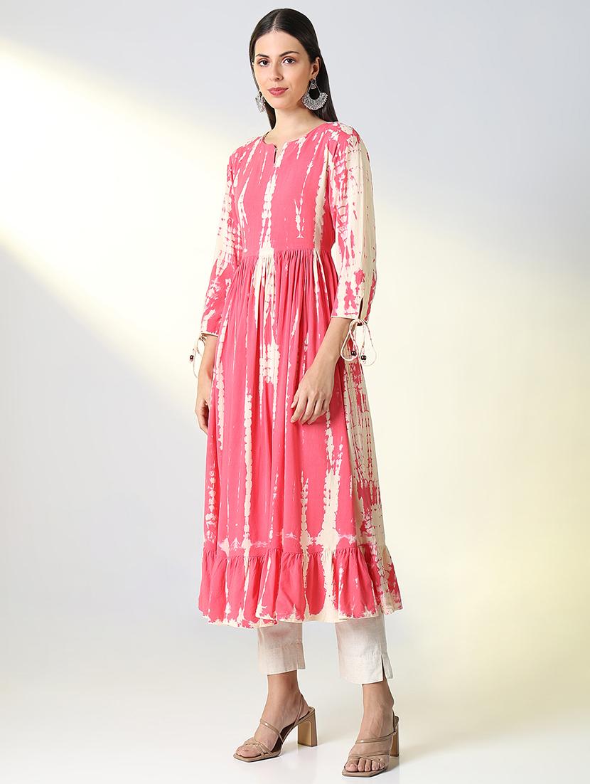 women pink tie & dye printed flared kurta - 21682136 - Standard Image - 3