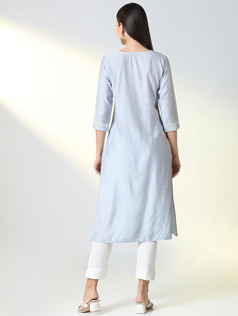 women embroidered three quarter sleeve straight kurta - 21682137 - Standard Image - 3