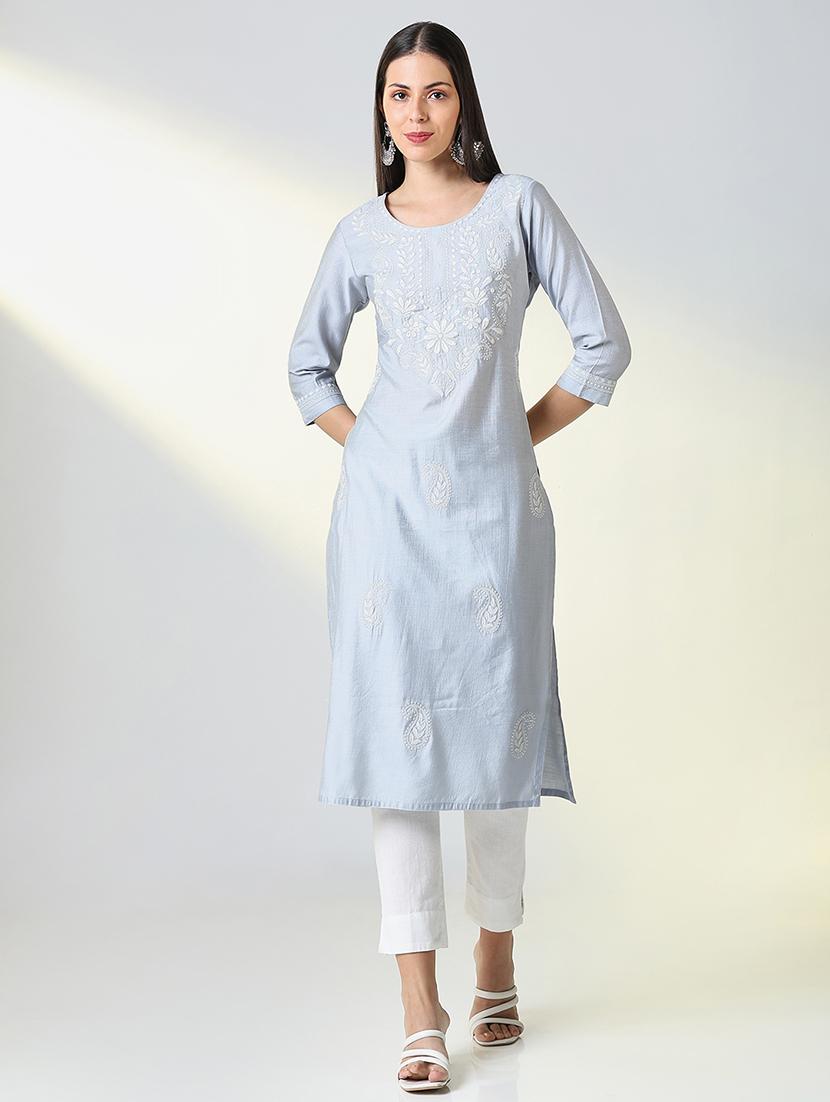 women embroidered three quarter sleeve straight kurta - 21682137 - Standard Image - 5