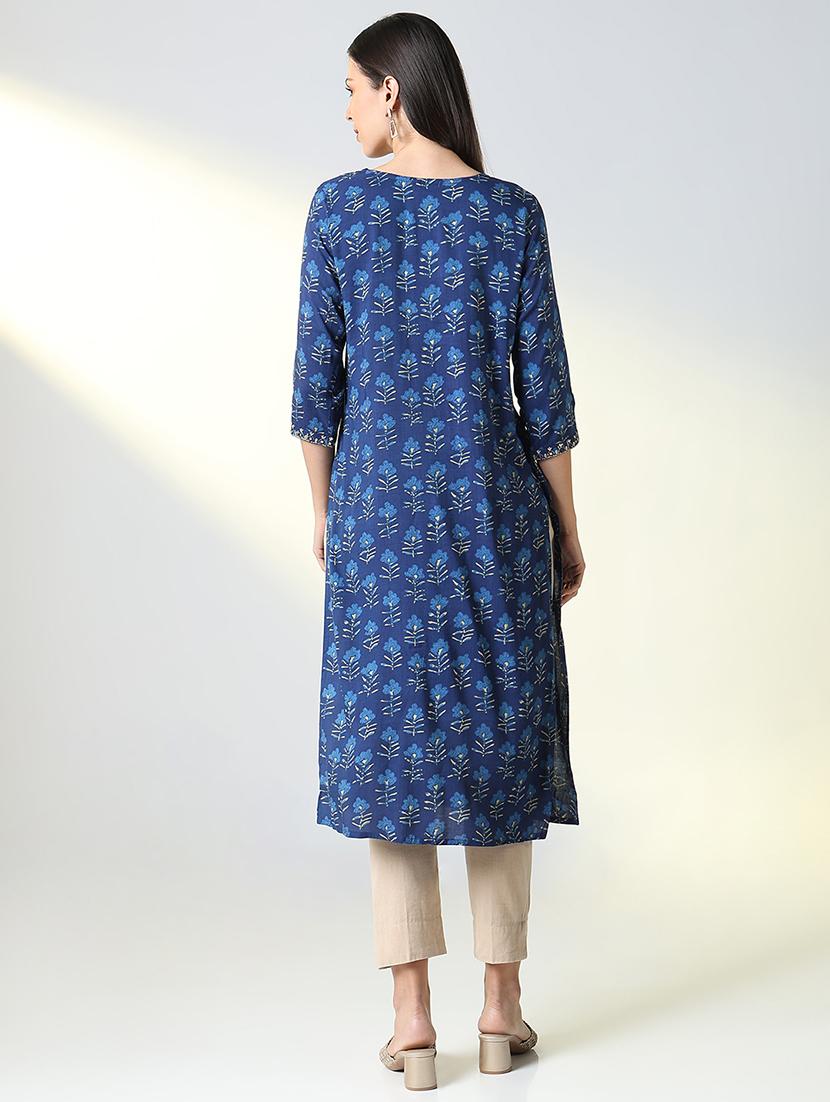 women blue floral round neck straight kurta - 21682138 - Standard Image - 3