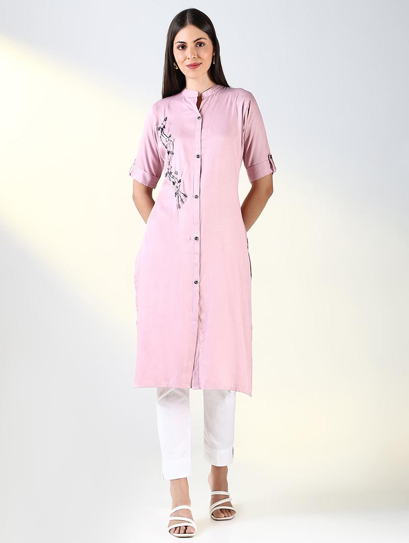 women pink embellished straight kurta - 21682143 - Zoom Image - 0