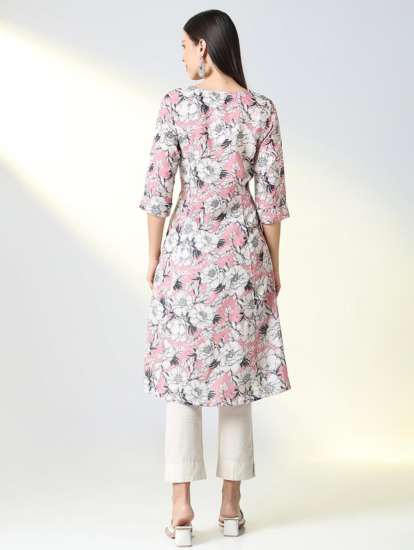 women pink floral printed a-line kurta - 21682144 - Standard Image - 3
