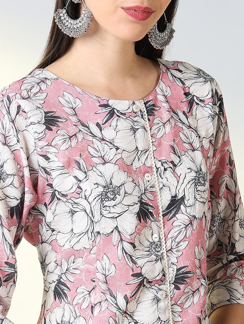 women pink floral printed a-line kurta - 21682144 - Standard Image - 5