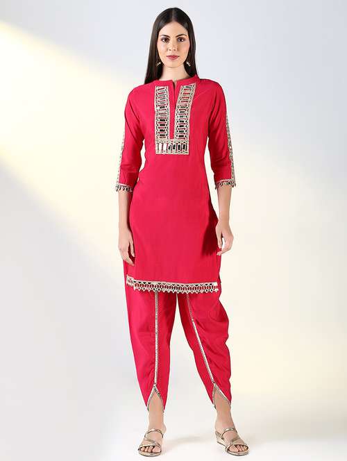 women pink mirror work dhoti kurta set - 21682158 -  Standard Image - 0