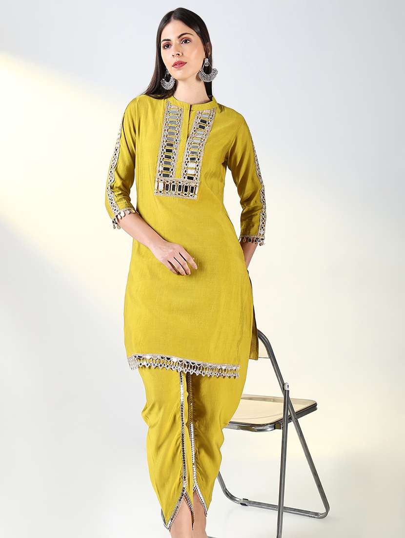 women lime mirror work dhoti kurta set
