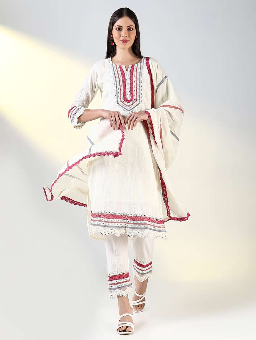 women off white mirror work kurta pant set with dupatta