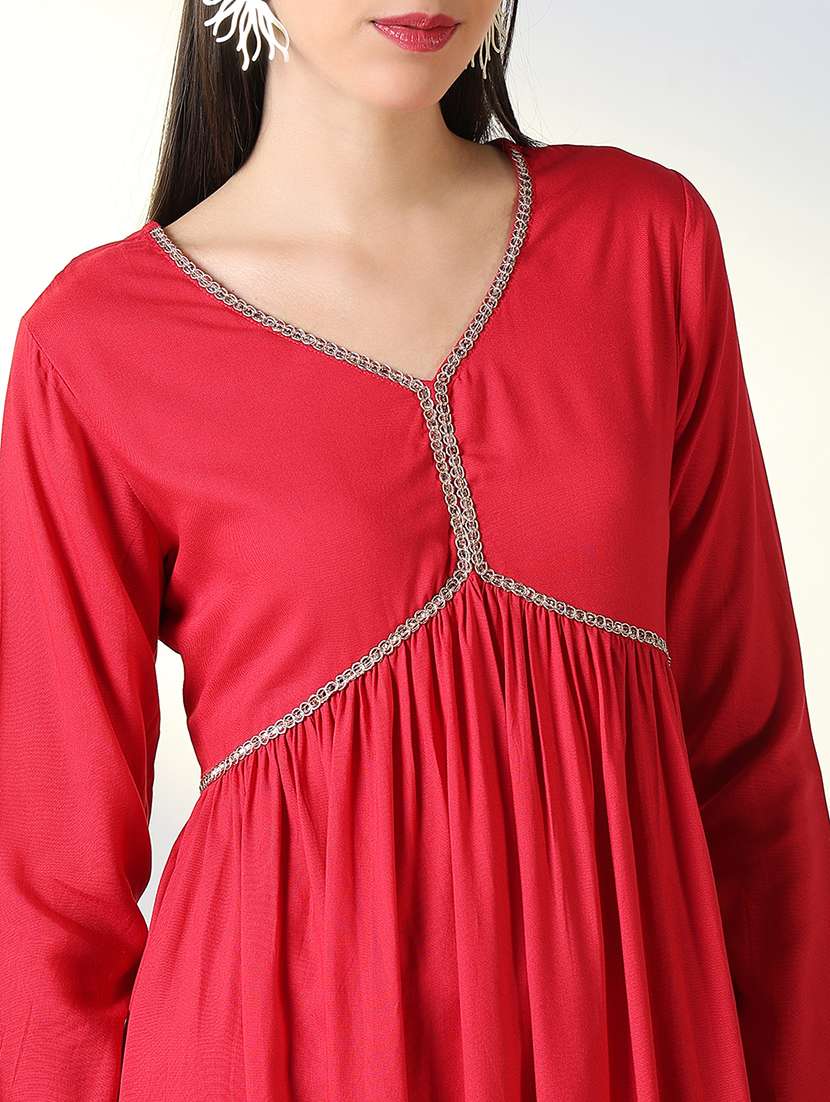 women red solid v neck kurta pant set - 21682184 - Standard Image - 5