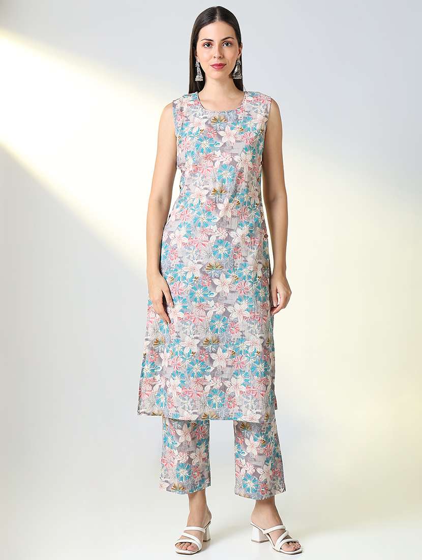 women floral printed round neck kurta pant set