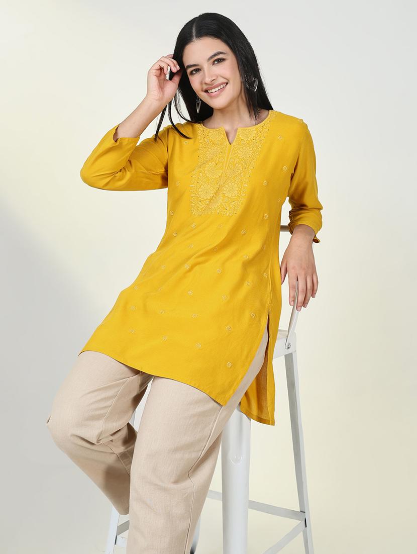 women embroidered notch neck straight kurti - 21682206 - Standard Image - 5
