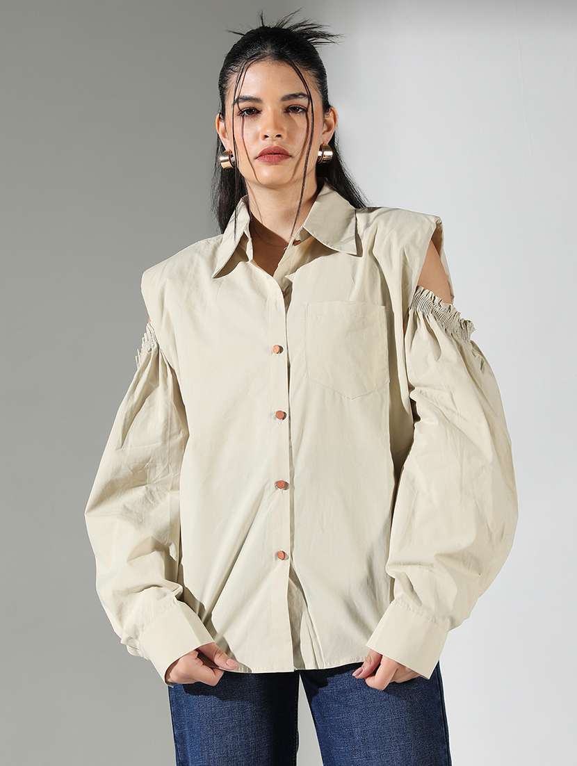 women solid spread collar neck shirt