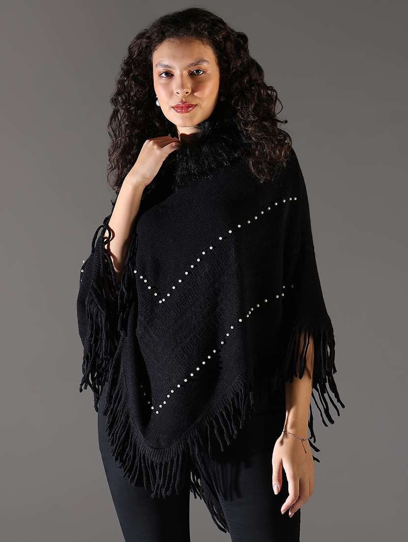 women black fur detailed embellished poncho