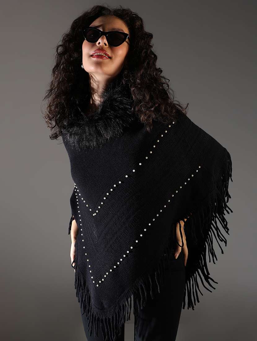 women black fur detailed embellished poncho - 21682218 -  Standard Image - 3