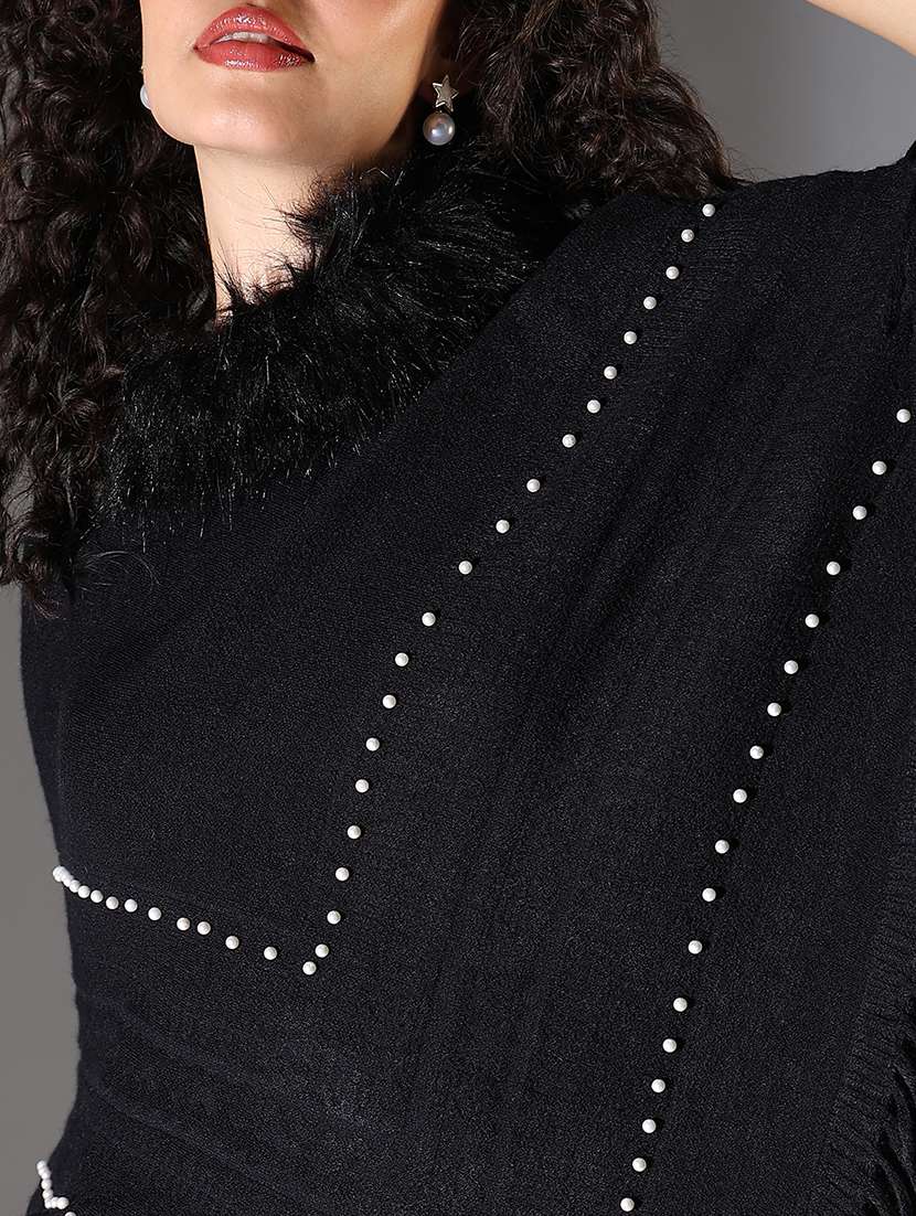 women black fur detailed embellished poncho - 21682218 -  Standard Image - 5