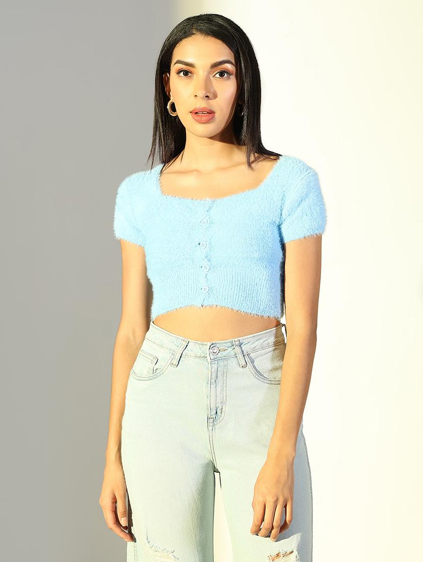 women solid short sleeves crop top - 21682232 -  Zoom Image - 0