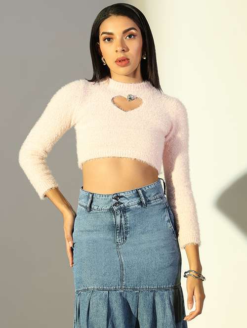 women pink solid long sleeve crop top - 21682242 - Standard Image - 0