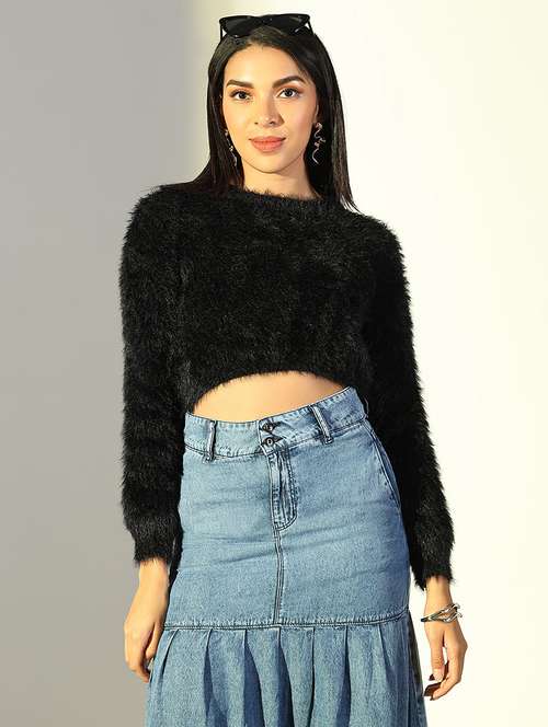 women black solid long sleeve crop top - 21682245 - Standard Image - 0