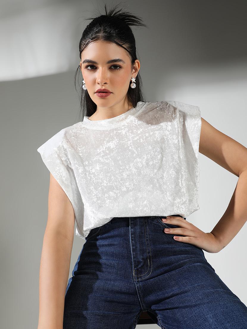 women grey self design round neck crop top - 21682247 - Standard Image - 3
