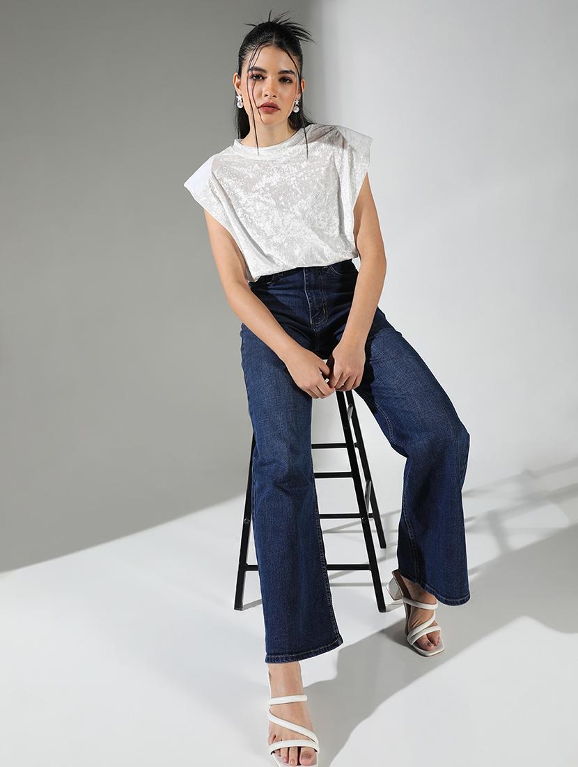 women grey self design round neck crop top - 21682247 - Standard Image - 5