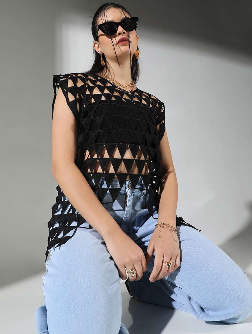 women black solid sleeveless cutwork top - 21682256 -  Standard Image - 3
