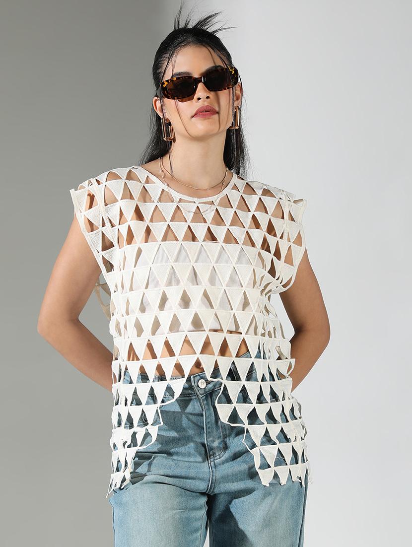 women off white solid sleeveless cutwork top - 21682258 - Zoom Image - 0