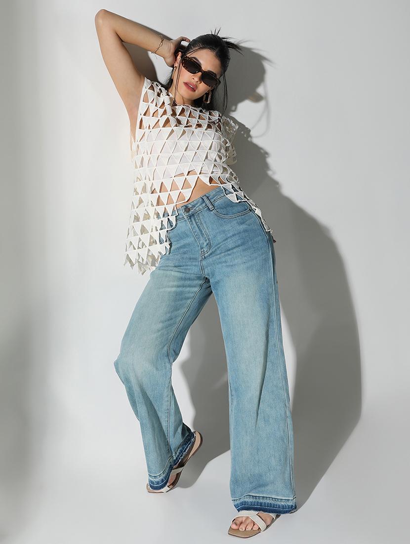 women off white solid sleeveless cutwork top - 21682258 - Standard Image - 3