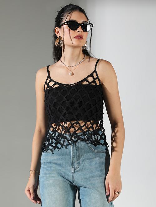 women black cut work shoulder strap sleeve top - 21682261 - Standard Image - 0