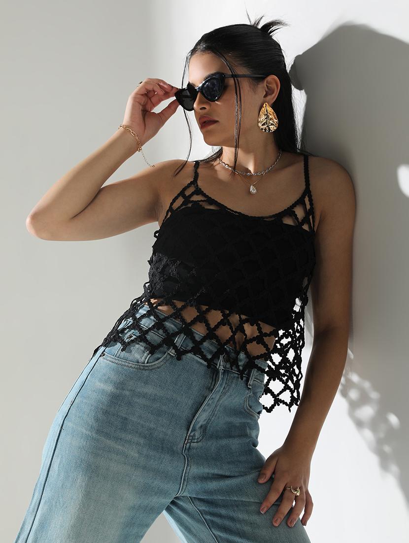 women black cut work shoulder strap sleeve top - 21682261 - Standard Image - 3