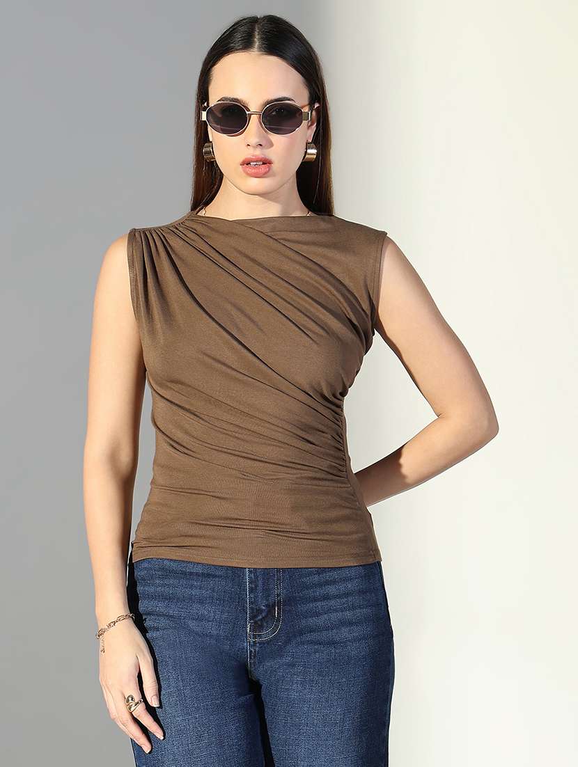 women olive solid sleeveless top
