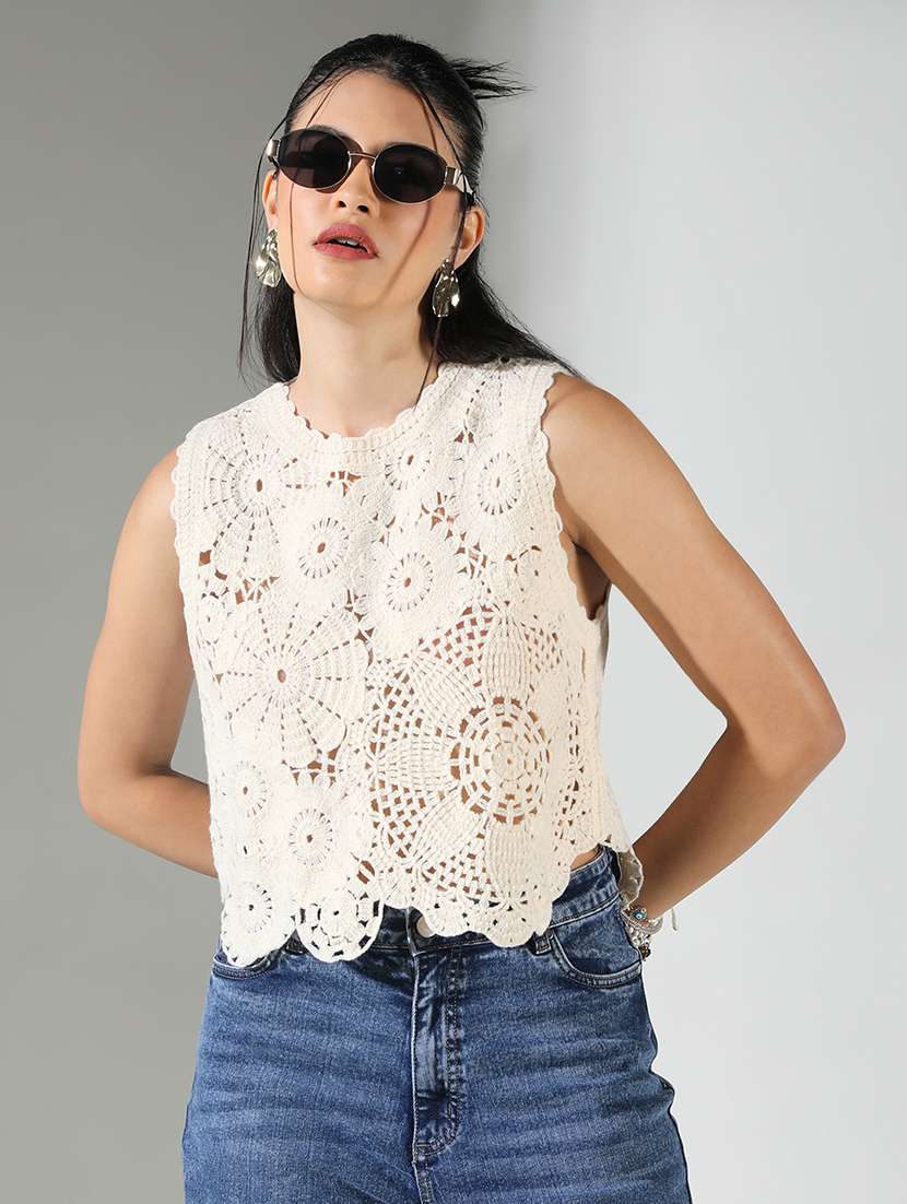 women crochet work round neck crop top