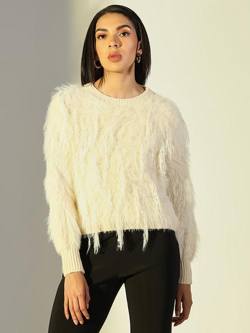 women solid fuzzy detailed long sleeve pullover - 21682278 - Standard Image - 0