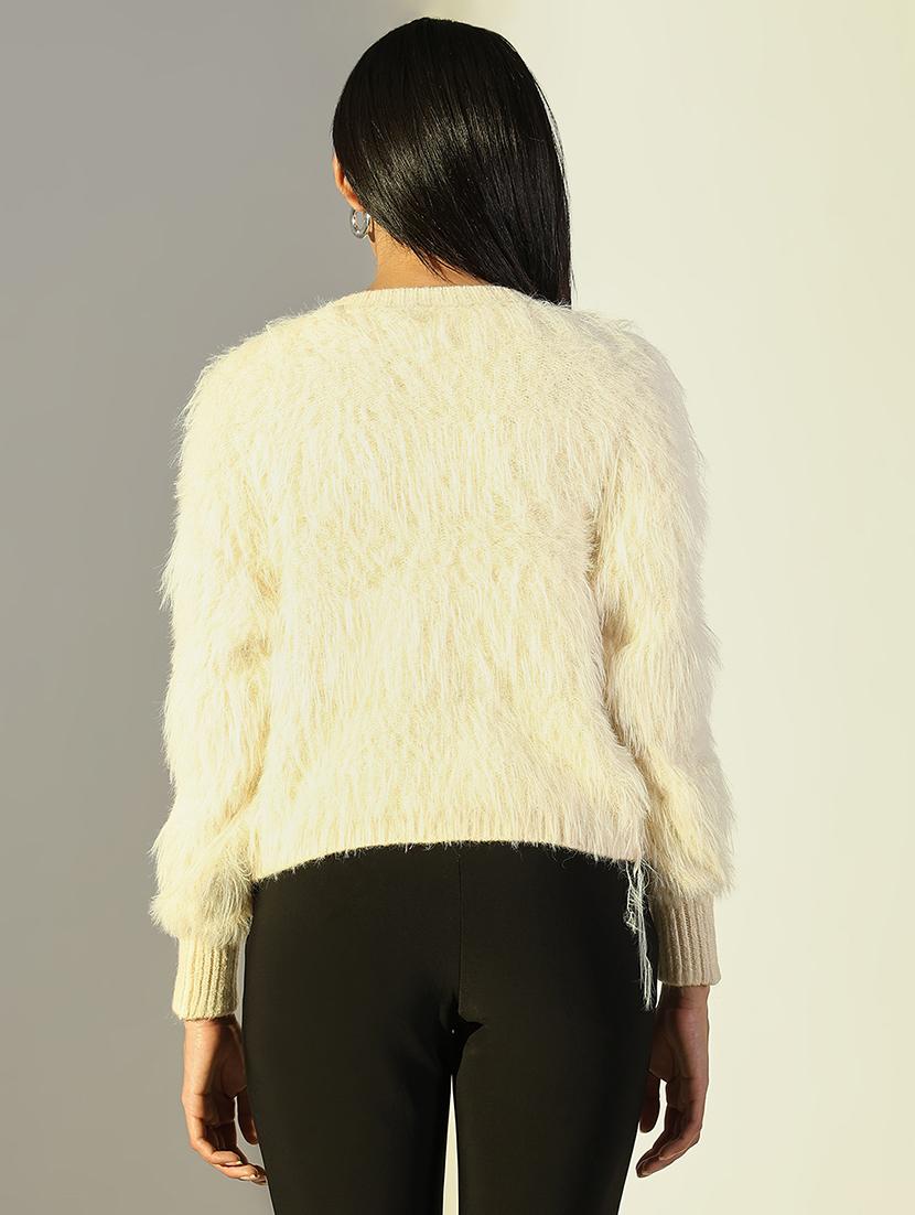 women solid fuzzy detailed long sleeve pullover - 21682278 - Standard Image - 3