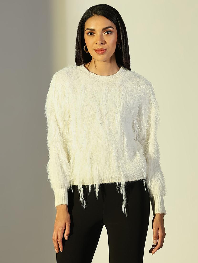 women solid fuzzy detailed long sleeve pullover - 21682279 - Zoom Image - 0
