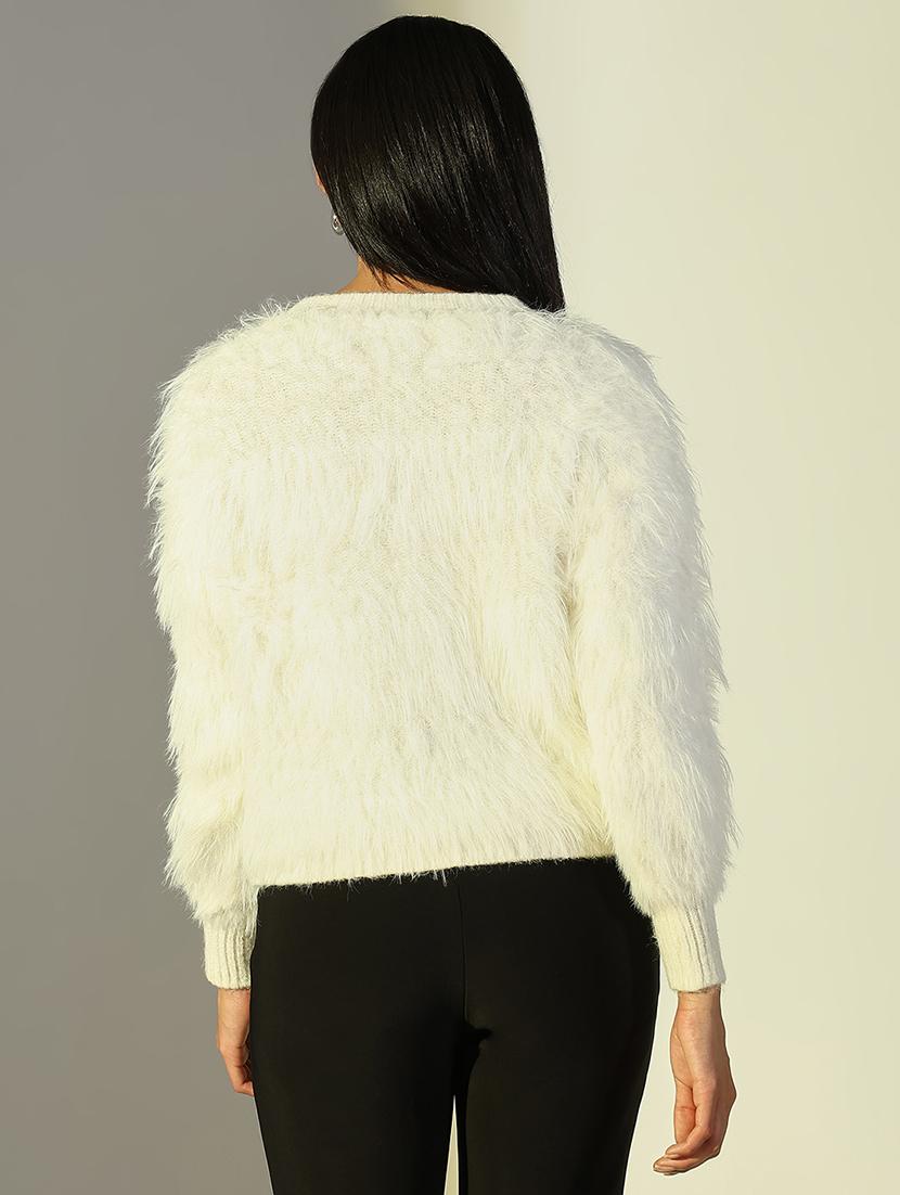 women solid fuzzy detailed long sleeve pullover - 21682279 - Standard Image - 3